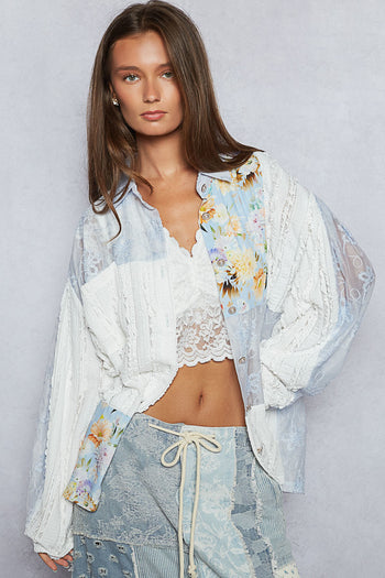 POL Mixed Media Patchwork Top in Cloud Blue