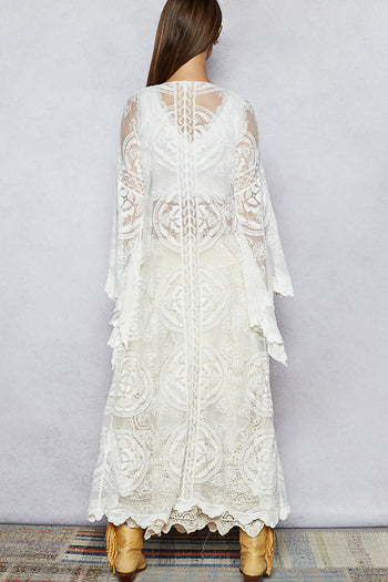 POL Long Sheer Embroidered Crochet Cardigan in White
