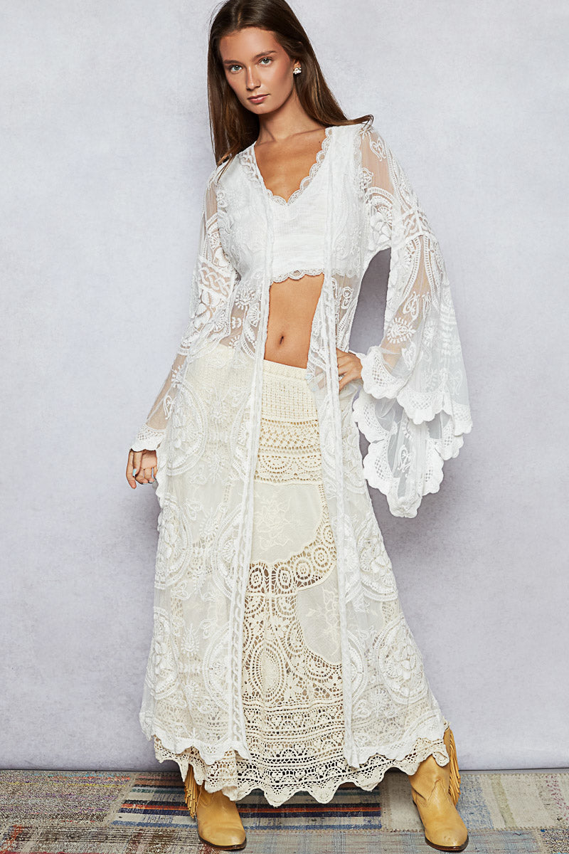 POL Long Sheer Embroidered Crochet Cardigan in White