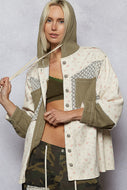 POL Floral Twill Jacket with Open Knit and Thermal Knit Details in Cream/Olive