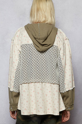 POL Floral Twill Jacket with Open Knit and Thermal Knit Details in Cream/Olive