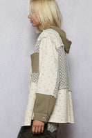 POL Floral Twill Jacket with Open Knit and Thermal Knit Details in Cream/Olive