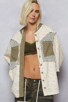 POL Floral Twill Jacket with Open Knit and Thermal Knit Details in Cream/Olive
