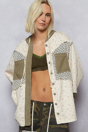 POL Floral Twill Jacket with Open Knit and Thermal Knit Details in Cream/Olive