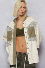 Load image into Gallery viewer, POL Floral Twill Jacket with Open Knit and Thermal Knit Details in Cream/Olive

