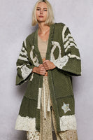 POL Distressed Twill Long Cardigan with Peace Sign Patches in Olive