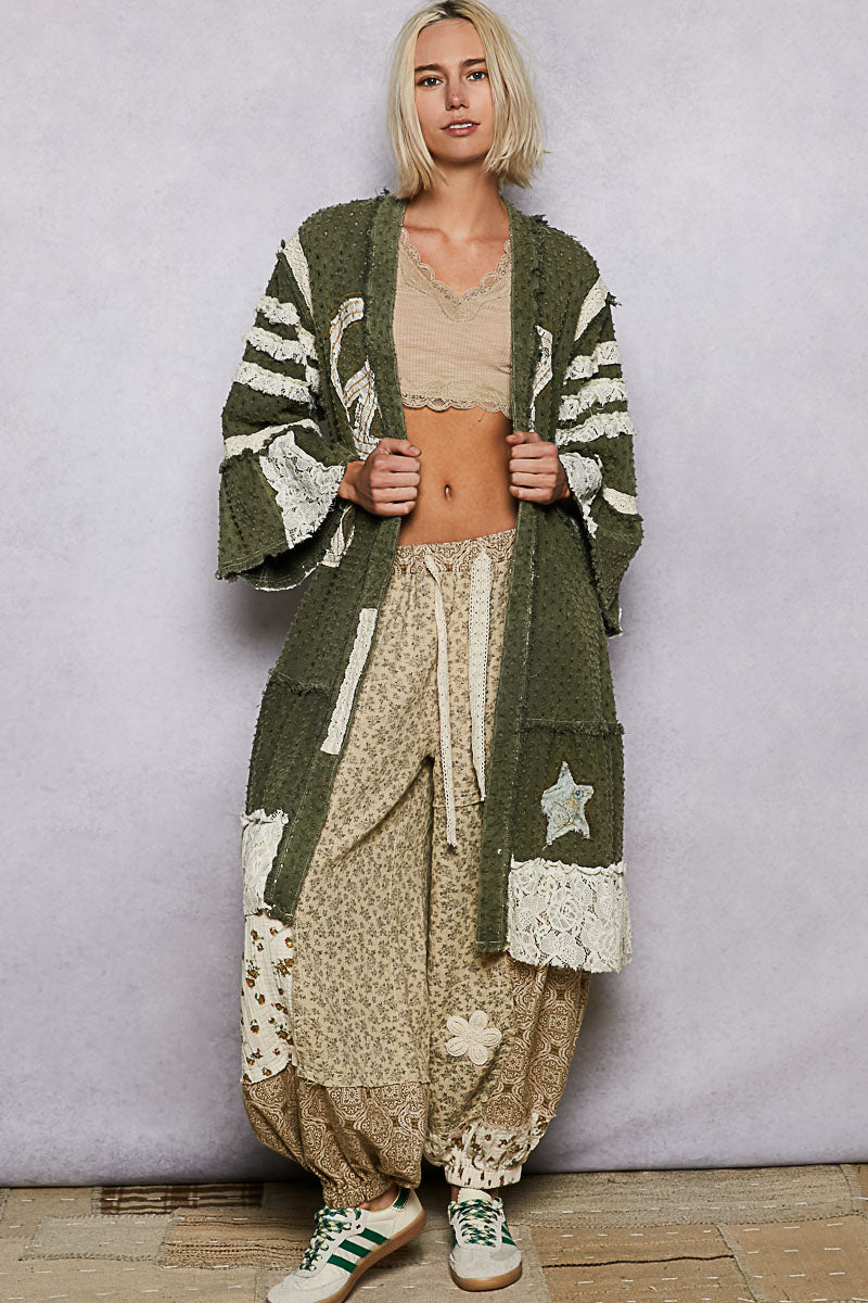 POL Distressed Twill Long Cardigan with Peace Sign Patches in