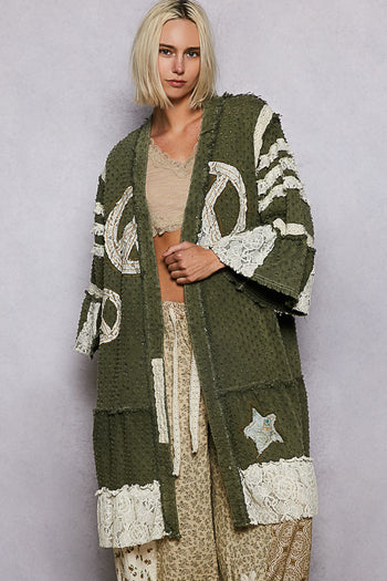POL Distressed Twill Long Cardigan with Peace Sign Patches in Olive