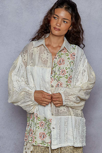 POL Mixed Media Patchwork Top in Natural