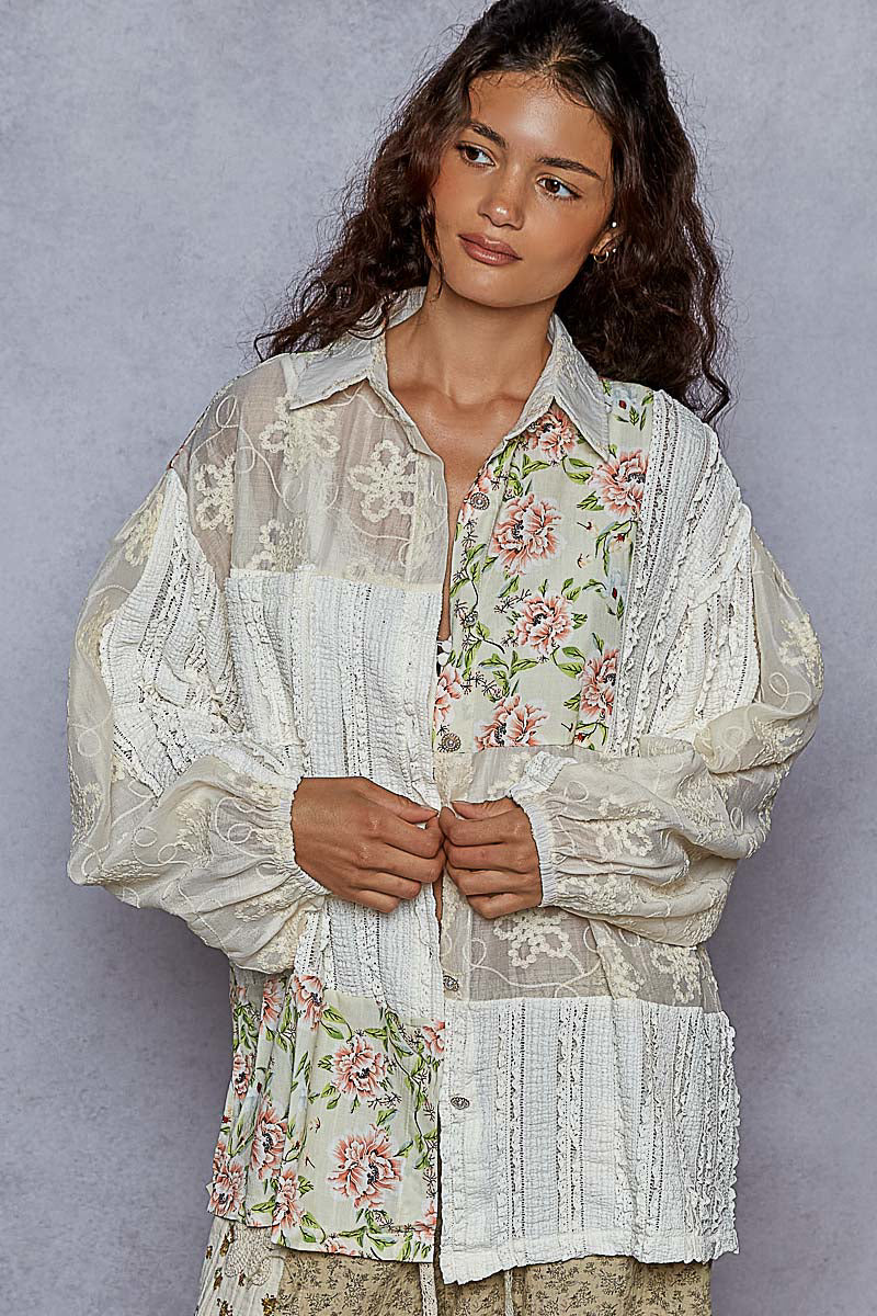 POL Mixed Media Patchwork Top in Natural