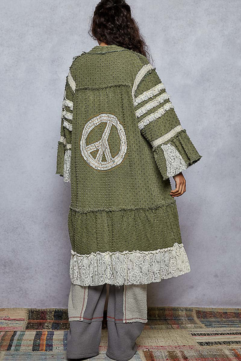 POL Distressed Twill Long Cardigan with Peace Sign Patches in