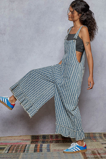 POL Denim Striped and Textured Wide Leg Overalls in Stripe Denim ON ORDER