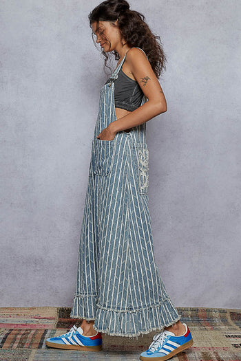 POL Denim Striped and Textured Wide Leg Overalls in Stripe Denim ON ORDER
