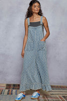 POL Denim Striped and Textured Wide Leg Overalls in Stripe Denim ON ORDER