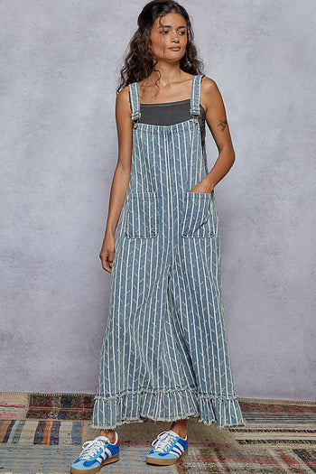 POL Denim Striped and Textured Wide Leg Overalls in Stripe Denim ON ORDER
