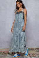 POL Denim Striped and Textured Wide Leg Overalls in Stripe Denim ON ORDER