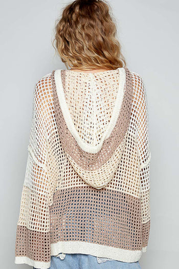POL Open Knit Crochet Hooded Top in Beige