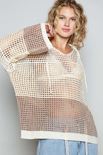 POL Open Knit Crochet Hooded Top in Beige