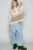 POL Open Knit Crochet Hooded Top in Beige