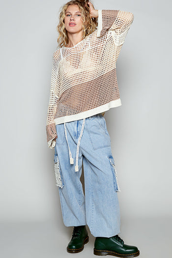 POL Open Knit Crochet Hooded Top in Beige