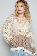 POL Open Knit Crochet Hooded Top in Beige