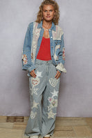 POL Denim Jacket with Patches and Crochet Details in Denim