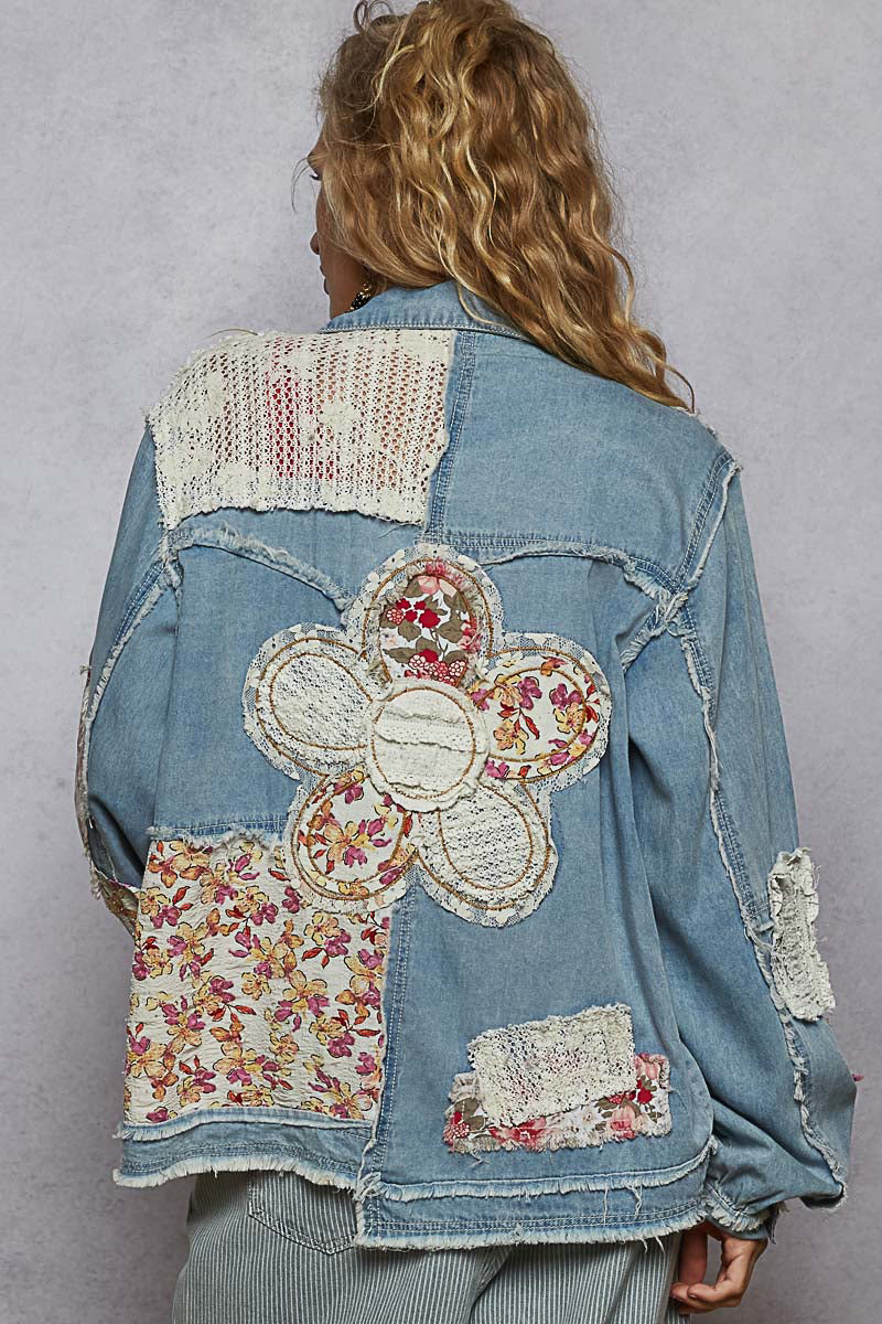 POL Denim Jacket with Patches and Crochet Details in Denim – June Adel