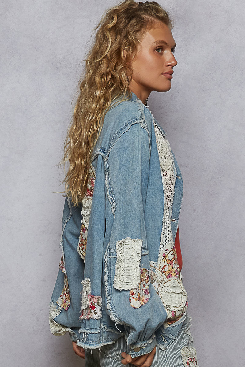 POL Denim Jacket with Patches and Crochet Details in Denim – June Adel