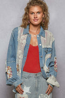 POL Denim Jacket with Patches and Crochet Details in Denim