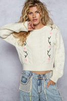 POL Knit Sweater with Floral Embroidery in Powder Cream