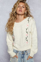 POL Knit Sweater with Floral Embroidery in Powder Cream