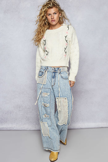 POL Knit Sweater with Floral Embroidery in Powder Cream