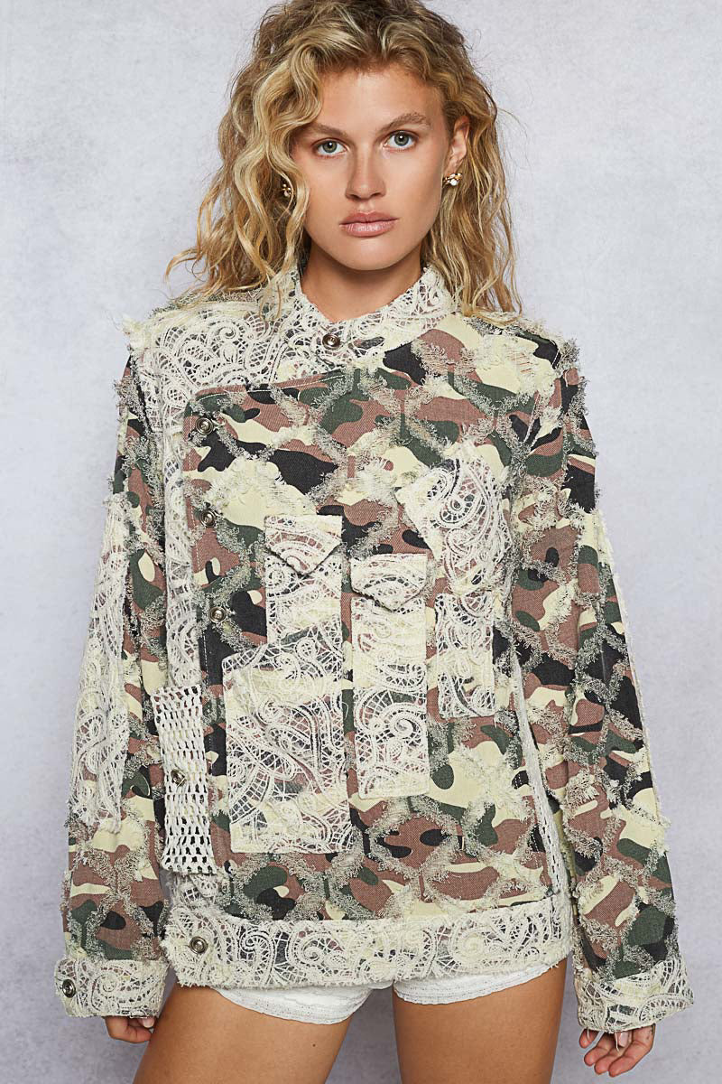 POL Twill Motorcycle Jacket with Mesh and Lace Accents in Camo