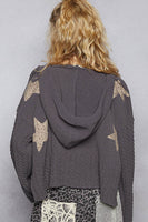POL Chenille Hooded Sweater with Floral Print Star Patches in Charcoal
