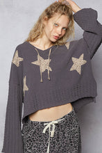 Load image into Gallery viewer, POL Chenille Hooded Sweater with Floral Print Star Patches in Charcoal
