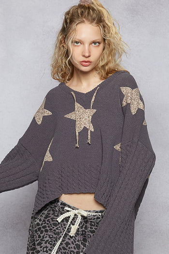 POL Chenille Hooded Sweater with Floral Print Star Patches in Charcoal