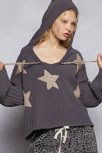 POL Chenille Hooded Sweater with Floral Print Star Patches in Charcoal