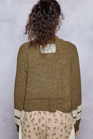 POL SEMI CROPPED Jersey Knit Top with Contrasting Floral Print Details in Olive