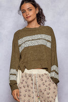 POL SEMI CROPPED Jersey Knit Top with Contrasting Floral Print Details in Olive