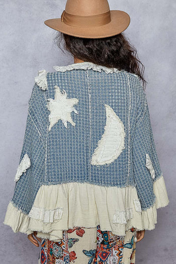 POL Twill Textured Cardigan with Star and Moon Patches in Denim