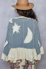 Load image into Gallery viewer, POL Twill Textured Cardigan with Star and Moon Patches in Denim
