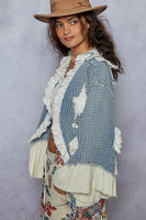 POL Twill Textured Cardigan with Star and Moon Patches in Denim