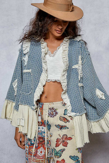 POL Twill Textured Cardigan with Star and Moon Patches in Denim