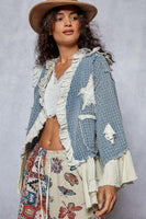 POL Twill Textured Cardigan with Star and Moon Patches in Denim