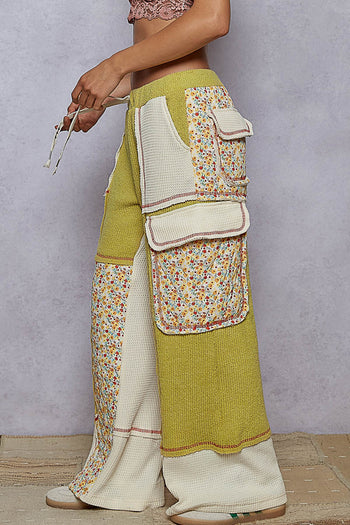 POL Patchwork Wide Leg Pants in Lime Green