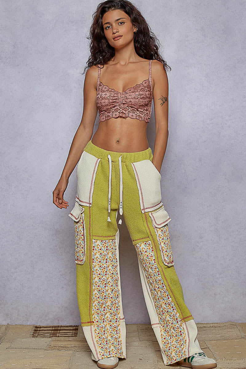 POL Patchwork Wide Leg Pants in Lime Green