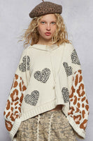 POL Chenille Hooded Sweater with Leopard Print and Heart Patches in Cream Multi