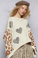 POL Chenille Hooded Sweater with Leopard Print and Heart Patches in Cream Multi
