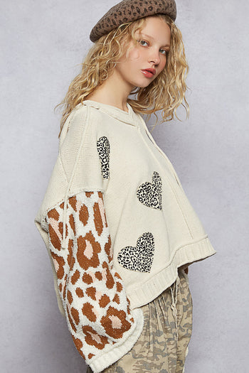 POL Chenille Hooded Sweater with Leopard Print and Heart Patches in Cream Multi