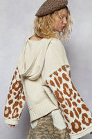 POL Chenille Hooded Sweater with Leopard Print and Heart Patches in Cream Multi